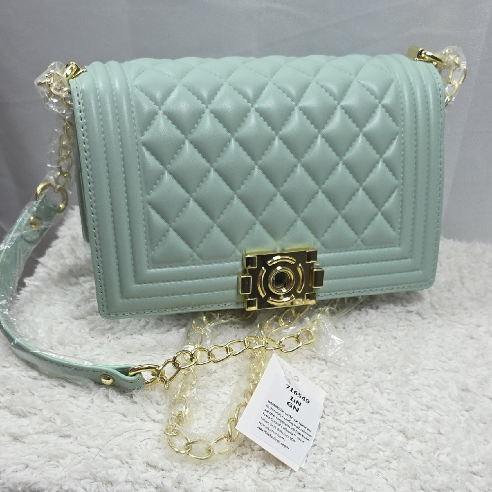 Quilted Mint Green Crossbody Bag with Gold Chain